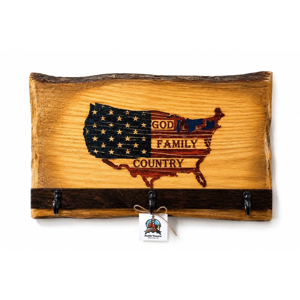 Live Edge Wooden Key Holder Wall Rack God Family Country USA Flag 3 Hooks